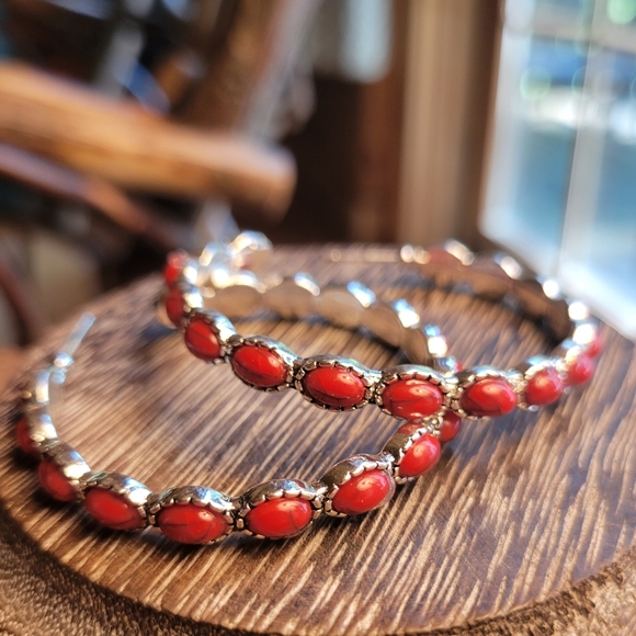 Jewelry - NEW Red Howlite Turquoise Stone Southwestern Boho Chic Elongated Hoop Earrings